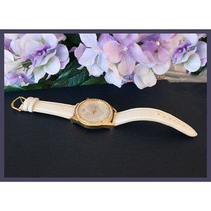 vintage Boca Classics large dial watch w/heart dial & rhinestones, white band